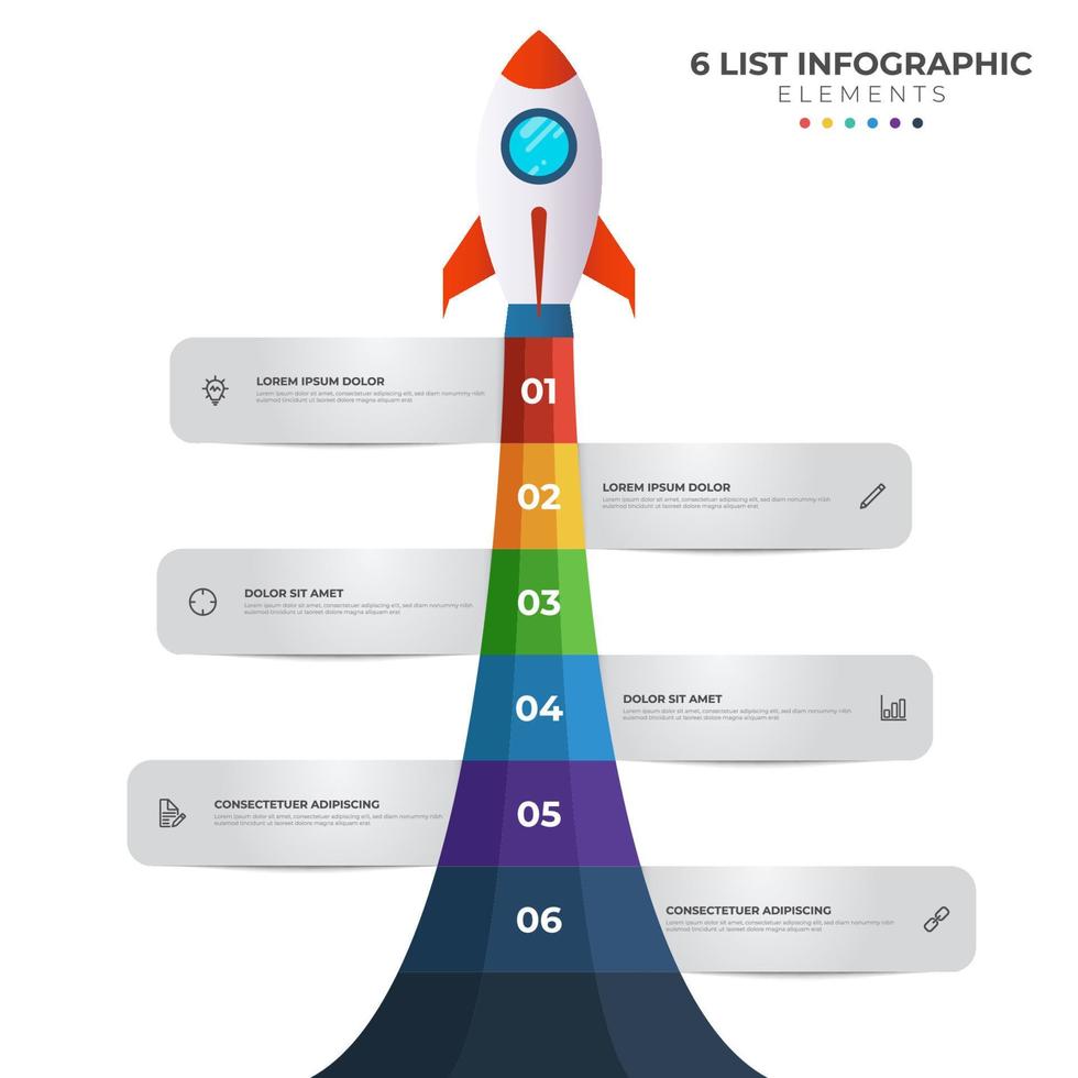 elenco diagramma con 6 numero punti di fare un passo, sequenza, colorato razzo lanciare avviare, Infografica elemento modello vettore. vettore