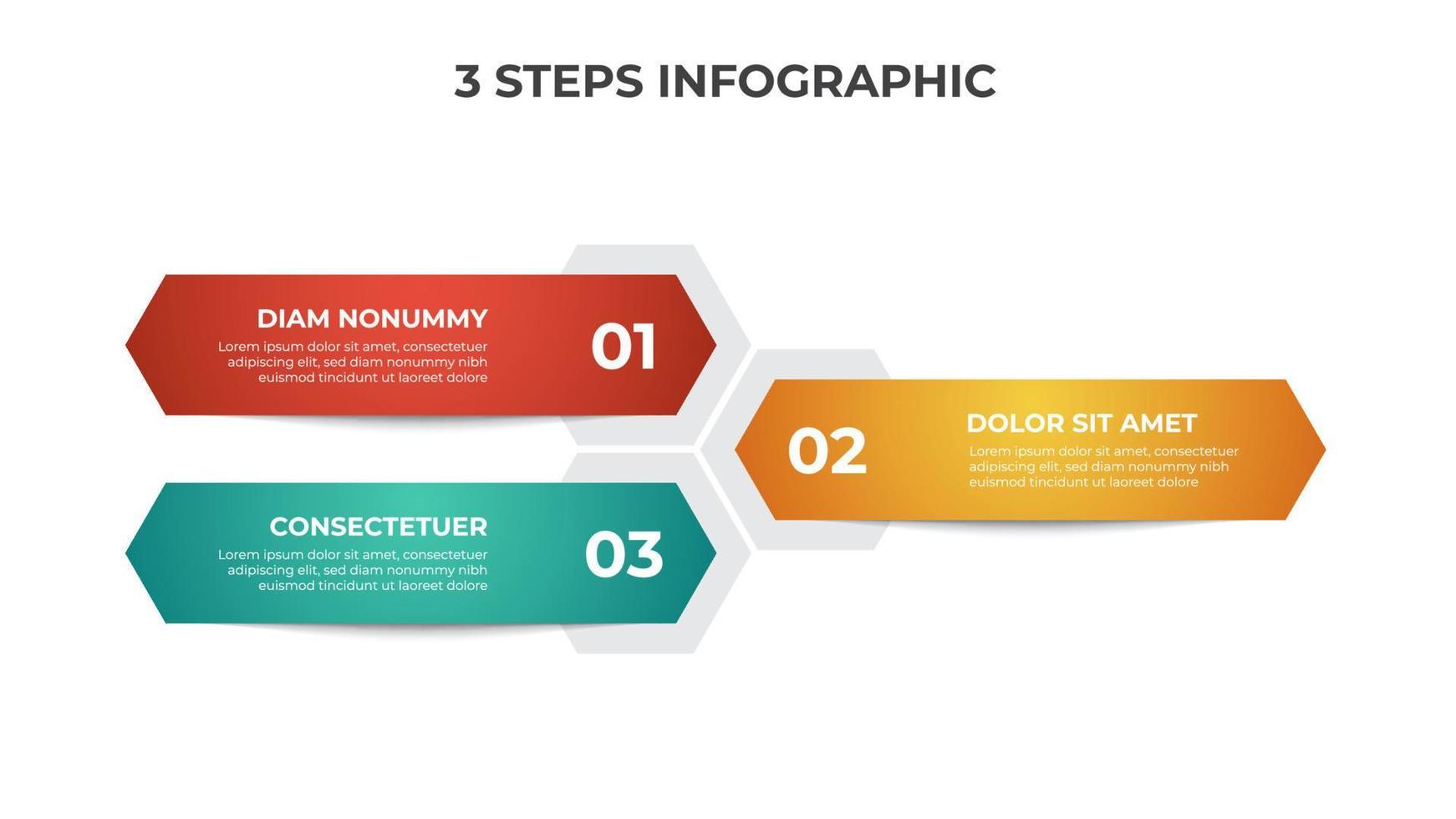 colorato 3 punti di passi, con esagonale elenco disposizione diagramma, Infografica elemento modello vettore