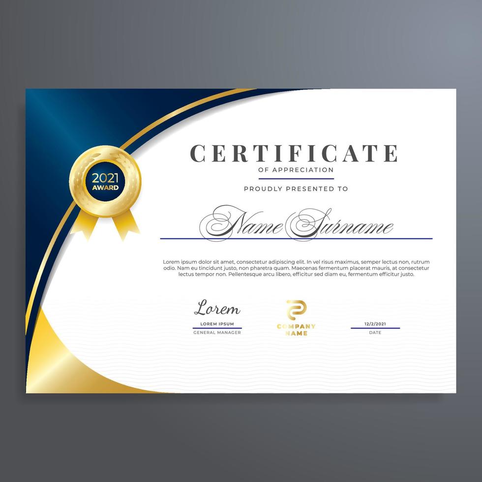 certificato design con oro e blu colore, multiuso, semplice e elegante vettore