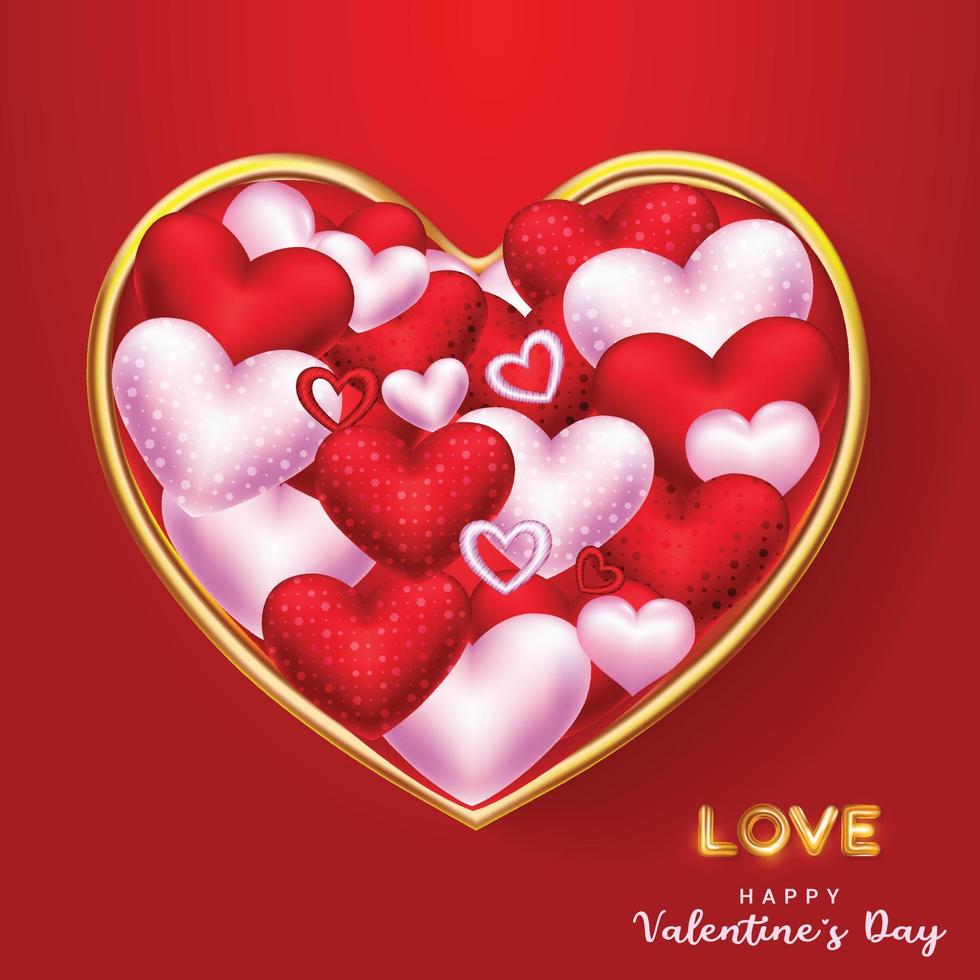 contento san valentino giorno oro amore vettore con rosso e bianca cuore sfondo
