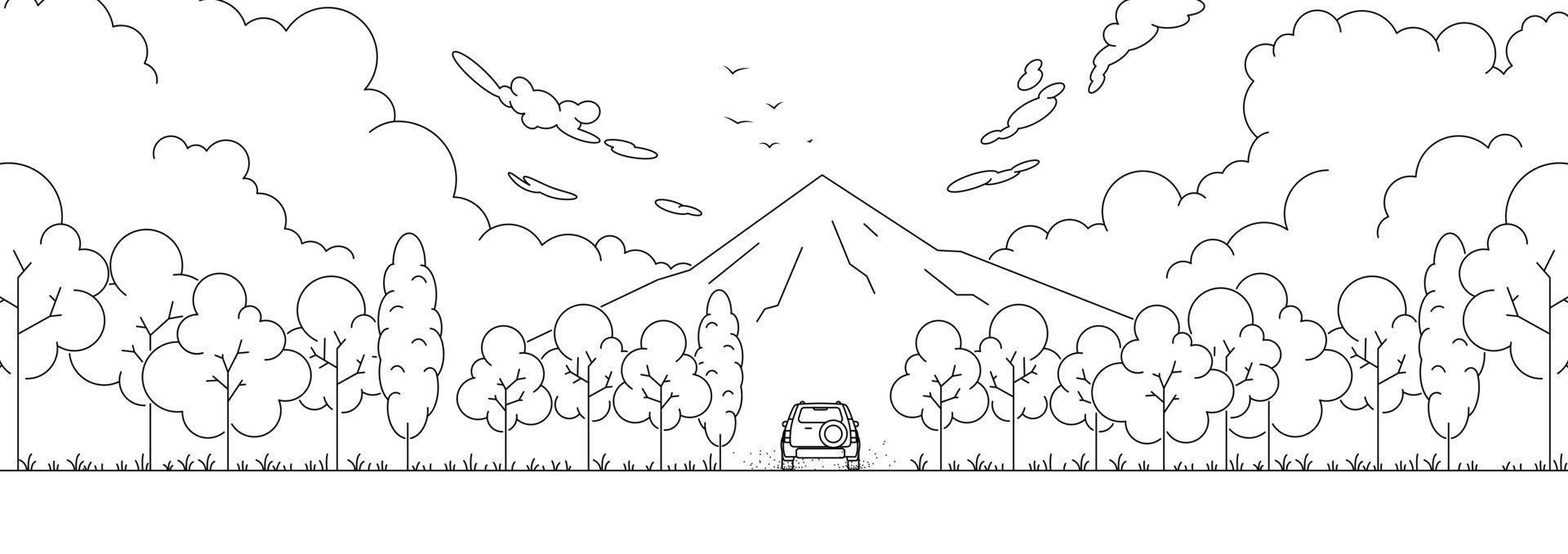 schema paesaggio montagne, foresta, auto e in viaggio. linea arte vettore illustrazione