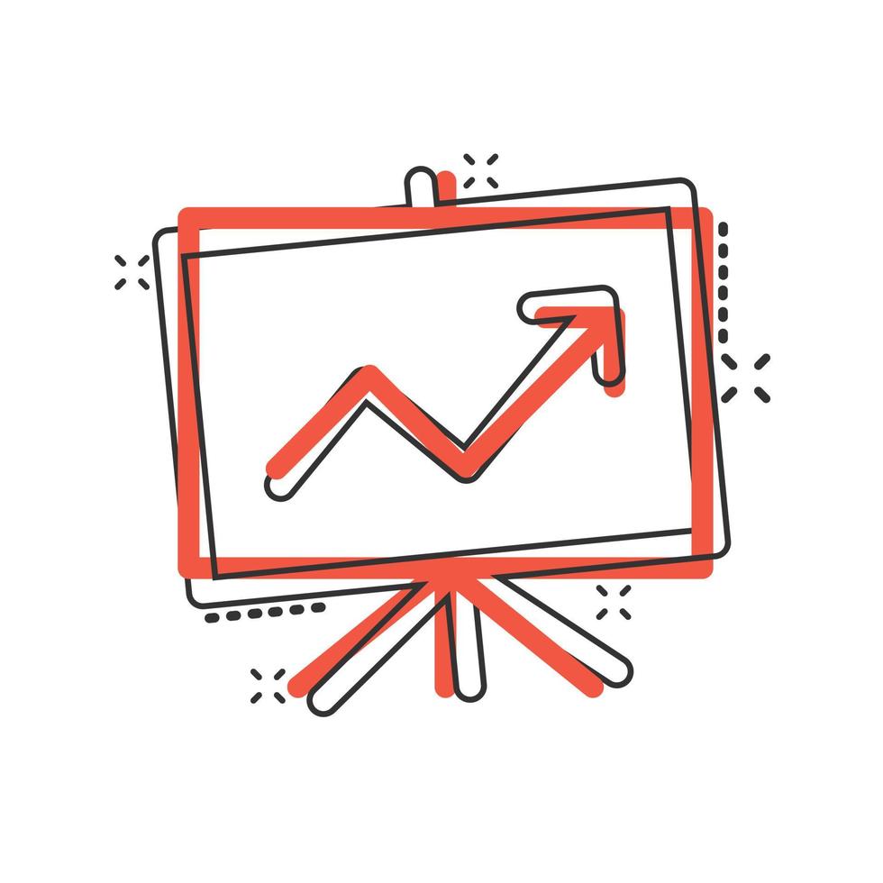 crescita diagramma icona nel comico stile. finanza grafico cartone animato vettore illustrazione su bianca isolato sfondo. freccia su spruzzo effetto attività commerciale concetto.