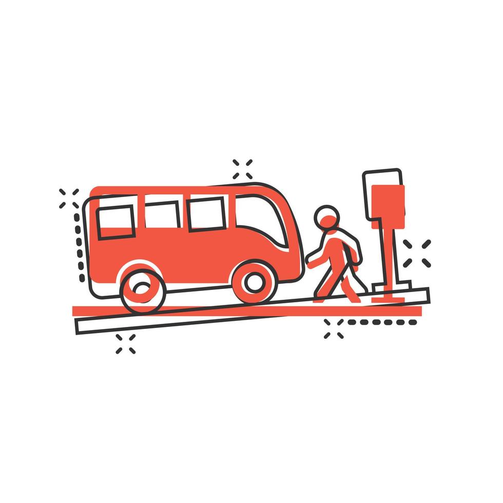 autobus stazione icona nel comico stile. auto fermare cartone animato vettore illustrazione su bianca isolato sfondo. autobus veicolo spruzzo effetto attività commerciale concetto.