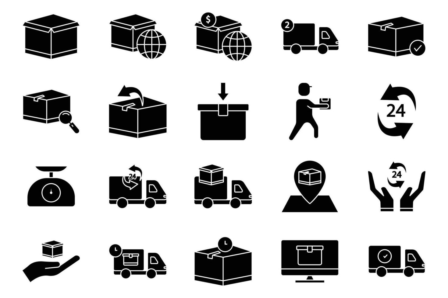 logistica illustrazione icona impostare, confezione, consegna. glifo icona stile. semplice vettore design modificabile