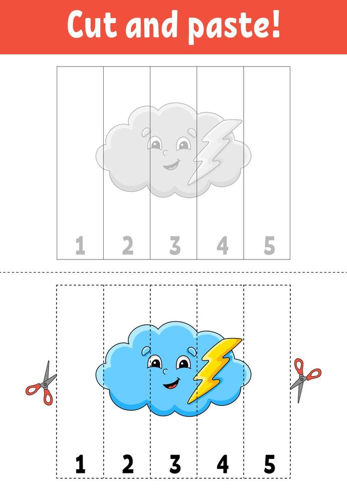 apprendimento numeri 1-5. tagliare e colla. cartone animato carattere. formazione scolastica sviluppando foglio di lavoro. gioco per bambini. attività pagina. vettore illustrazione.