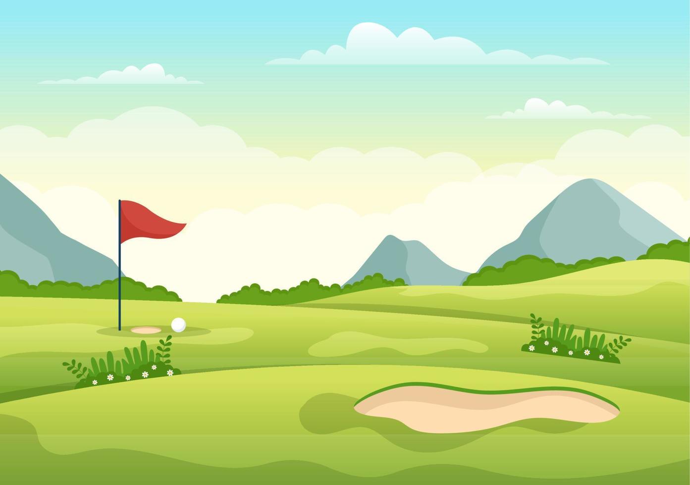 golf sport illustrazione con bandiere, carrello, bastoni, verde campo e sabbia bunker per all'aperto divertimento o stile di vita nel piatto cartone animato mano disegnato modelli vettore