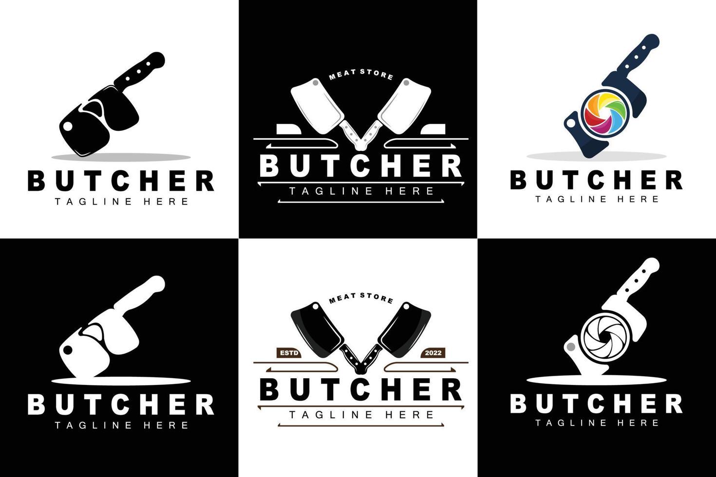 macellaio logo disegno, coltello taglio attrezzo vettore modello, Prodotto marca illustrazione design per macellaio, azienda agricola, macellaio negozio