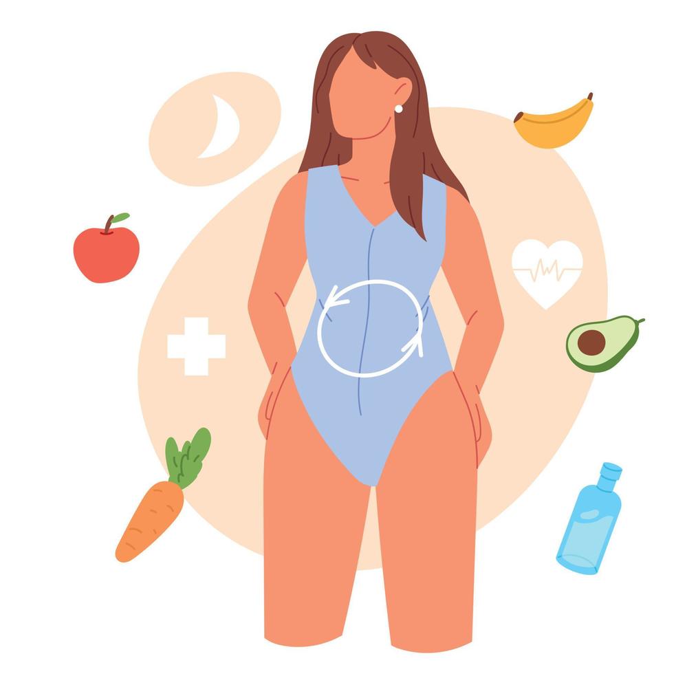 dieta e metabolismo concetto. Salute cibo, dietetico integratori, bene digestione, femmina ormoni, preventivo medicinale. piatto vettore illustrazione