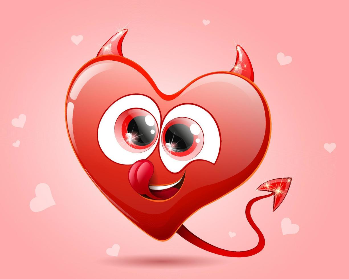 divertente cuore diavolo cartone animato personaggio con corna, coda, sorridente e leccata labbra. San Valentino giorno concetto vettore