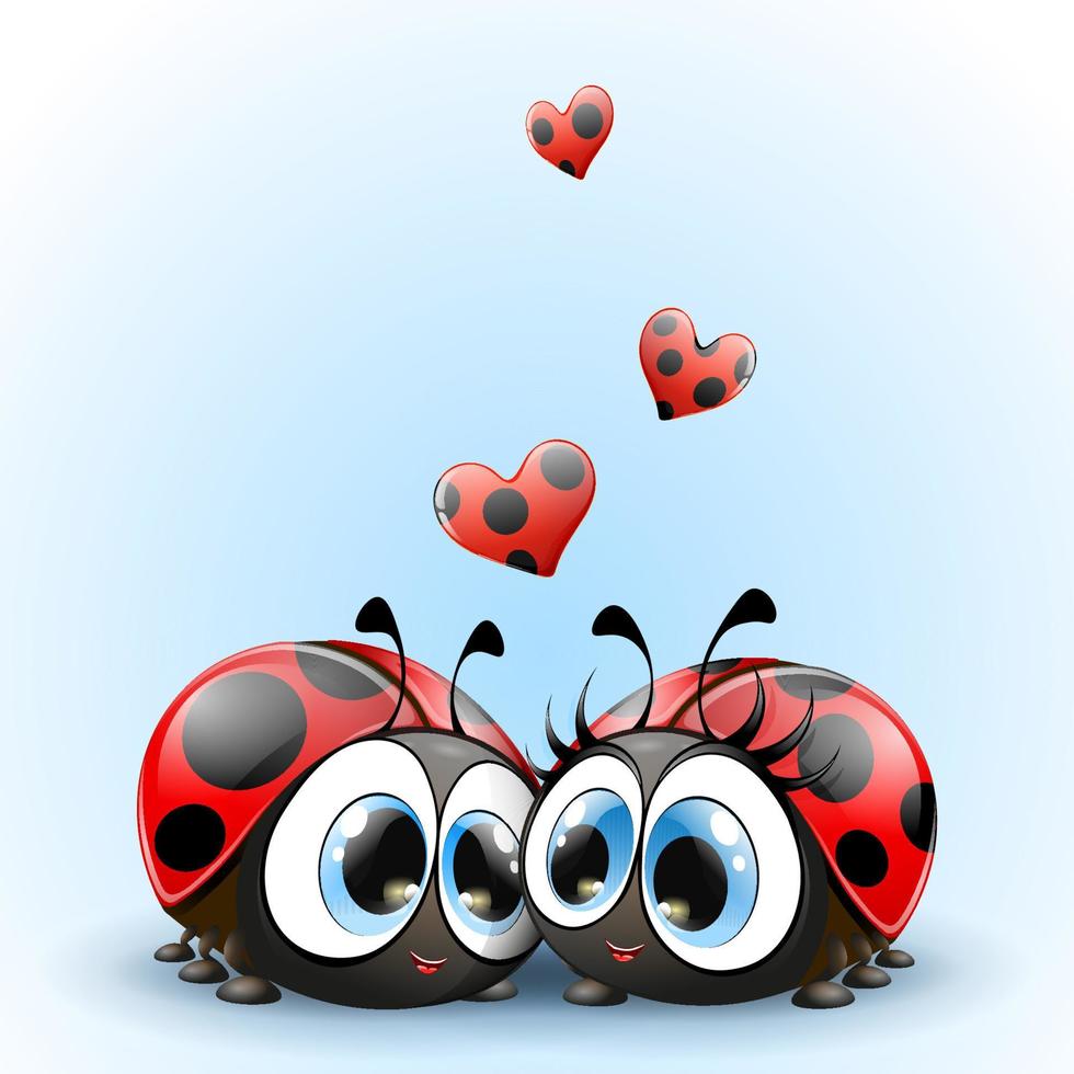 carino cartone animato nel amore coccinelle coppia con individuare cuori. isolato. vettore