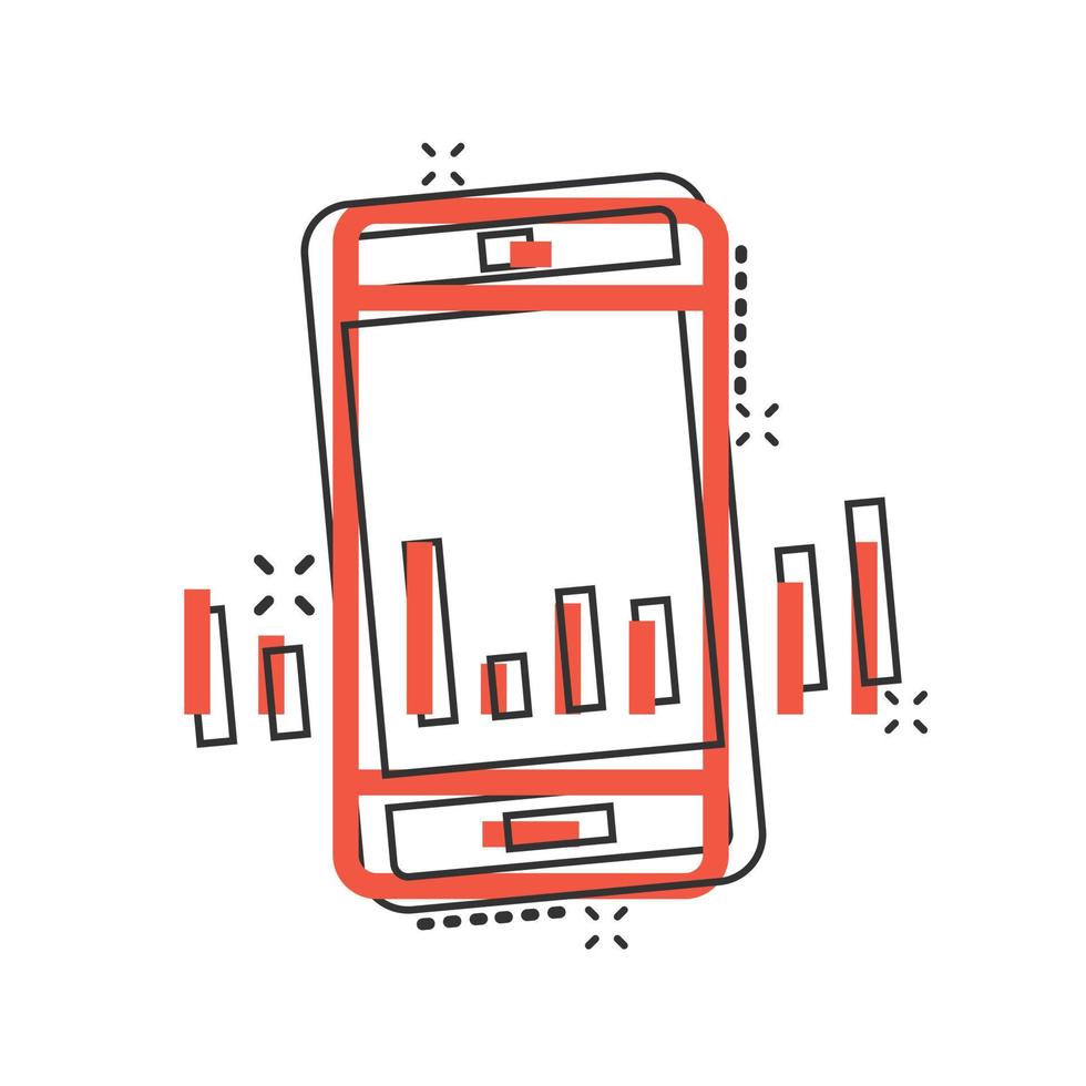 Telefono diagramma icona nel comico stile. smartphone crescita statistico cartone animato vettore illustrazione su bianca isolato sfondo. aggeggio analitica spruzzo effetto attività commerciale concetto.
