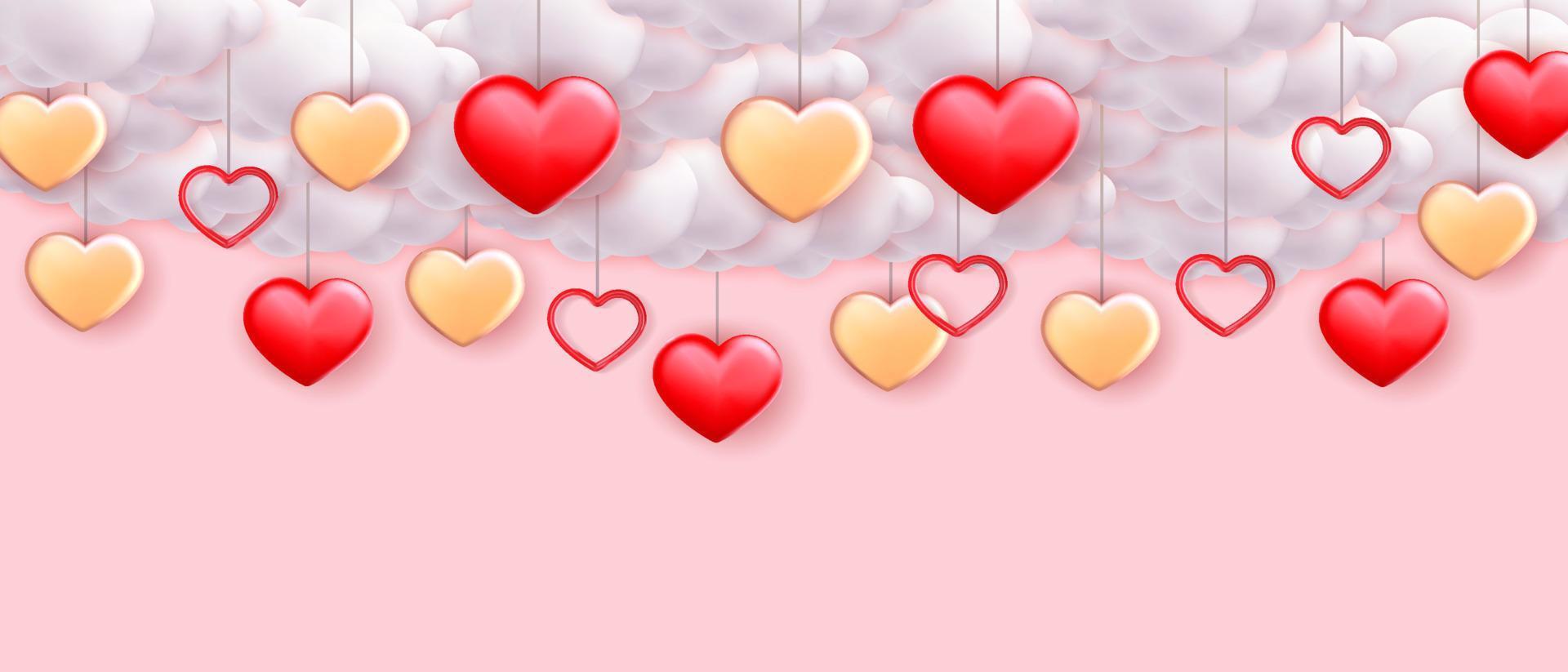 San Valentino giorno sfondo per sociale media pubblicità, o manifesto con 3d cuore forme e nuvole vettore