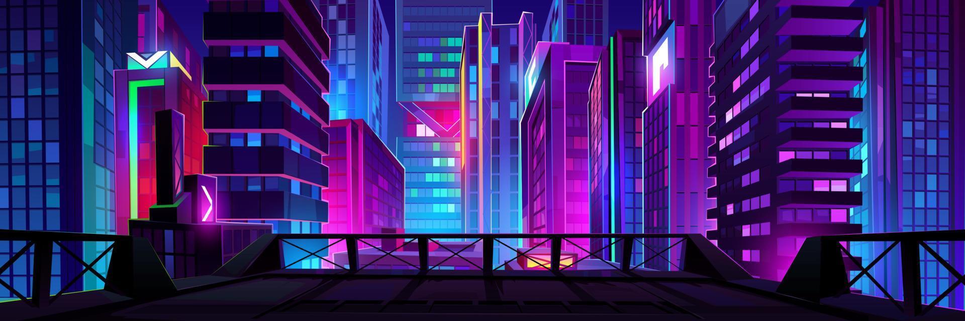 tetto Visualizza di notte paesaggio urbano con neon luci vettore