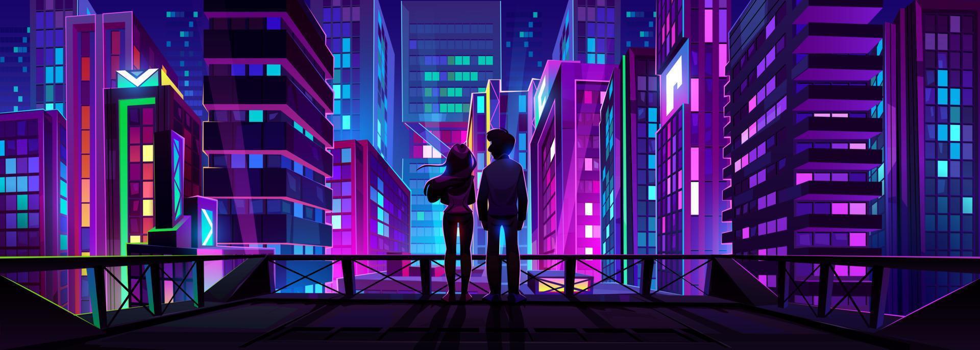 giovane coppia guardare su notte città a partire dal tetto vettore