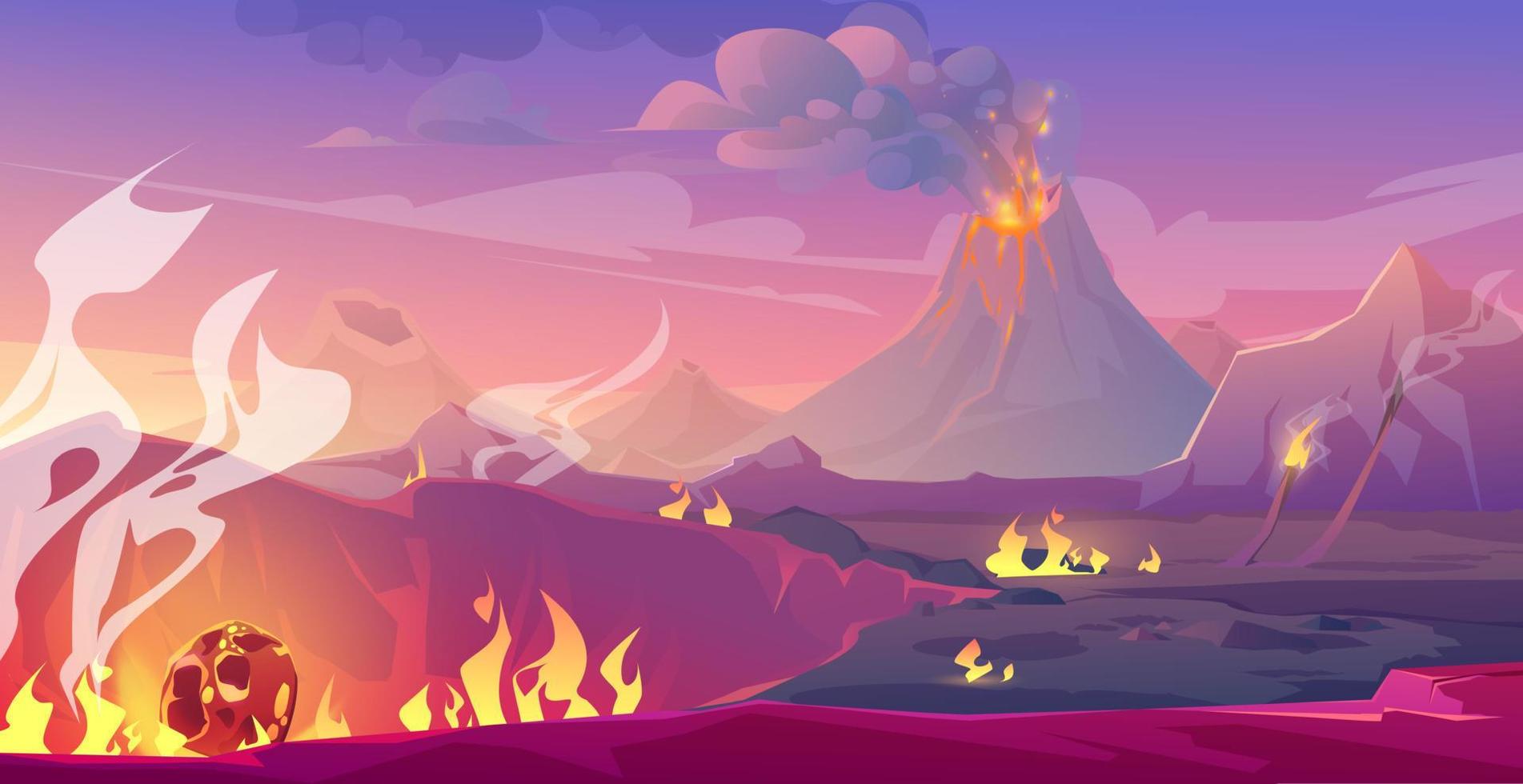 giurassico periodo paesaggio con vulcano e meteora vettore