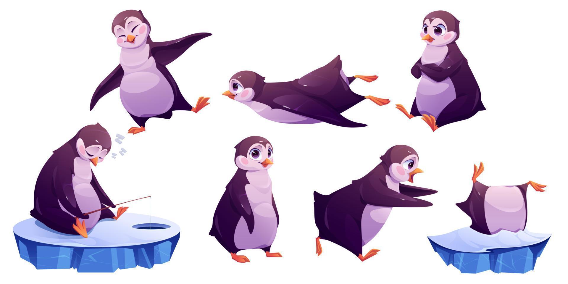 carino pinguino cartone animato personaggio isolato animale impostato vettore