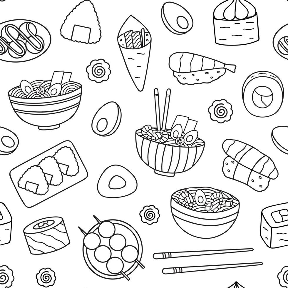 senza soluzione di continuità modello di giapponese cibo scarabocchio. asiatico cucina. ramen, Sushi, onigiri, dango nel schizzo stile. mano disegnato vettore illustrazione