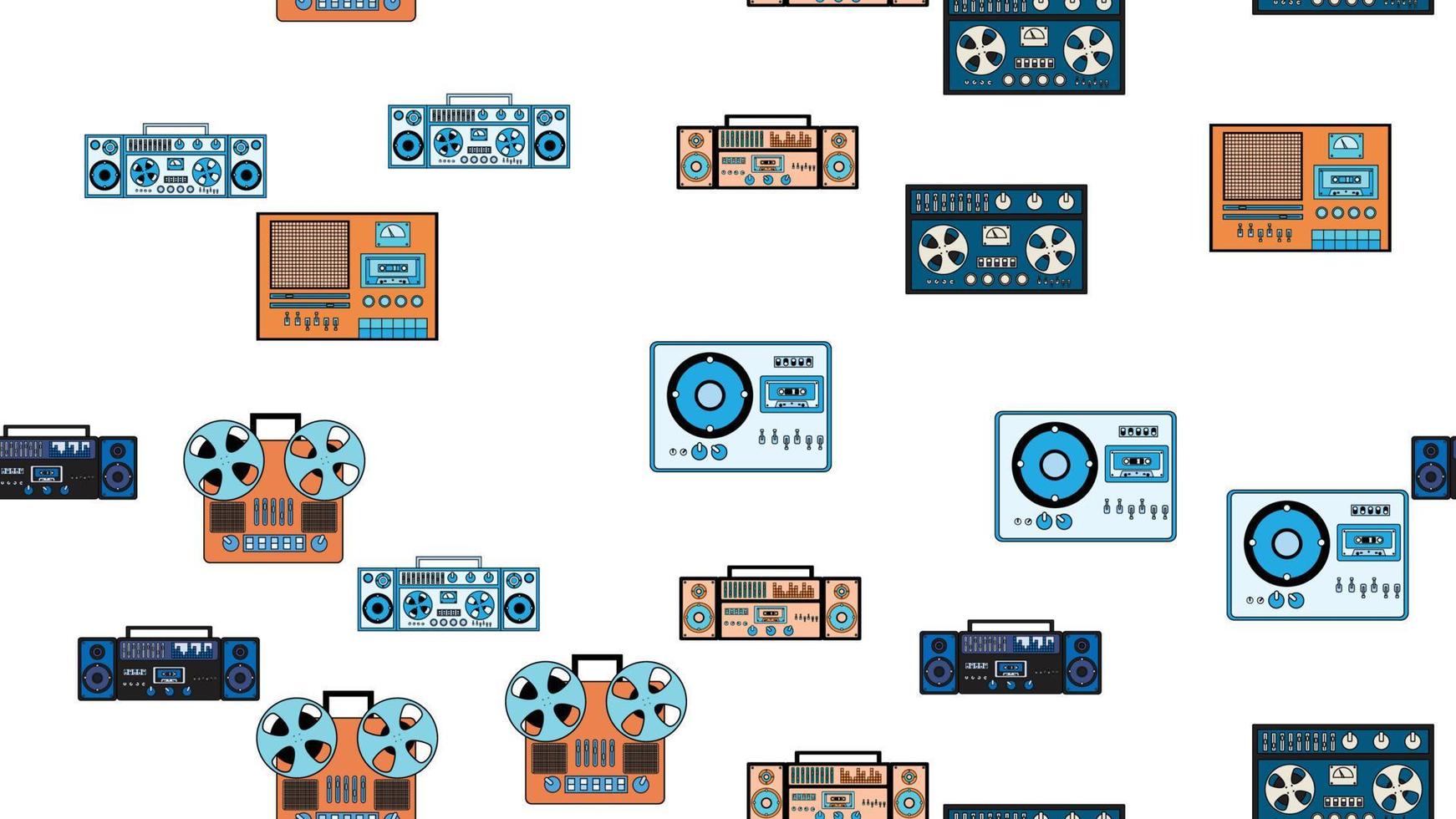 senza soluzione di continuità modello infinito con musica Audio cassetta vecchio retrò nastro registratori Vintage ▾ fricchettone a partire dal anni '70, anni 80, anni 90 isolato su bianca sfondo. vettore illustrazione