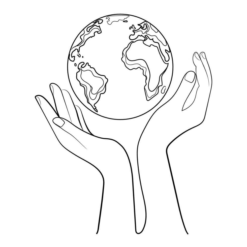 linea disegno mani Tenere terra globo concettuale illustrazione.save pianeta.due mani Tenere pianeta terra emblema logo icona template.global riscaldamento e clima cambiamento.sociale responsabilità per natura. vettore