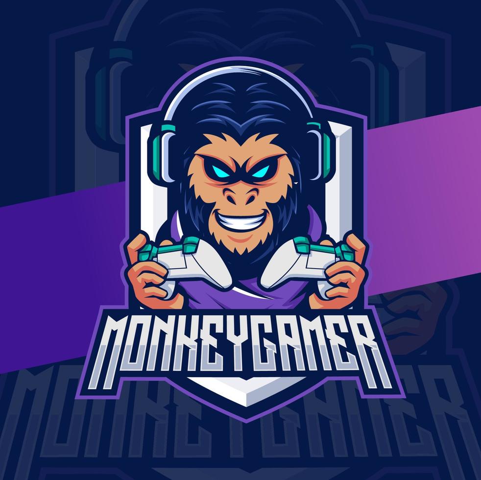 scimmia gamer con consolle e cuffie portafortuna esport logo design personaggio vettore