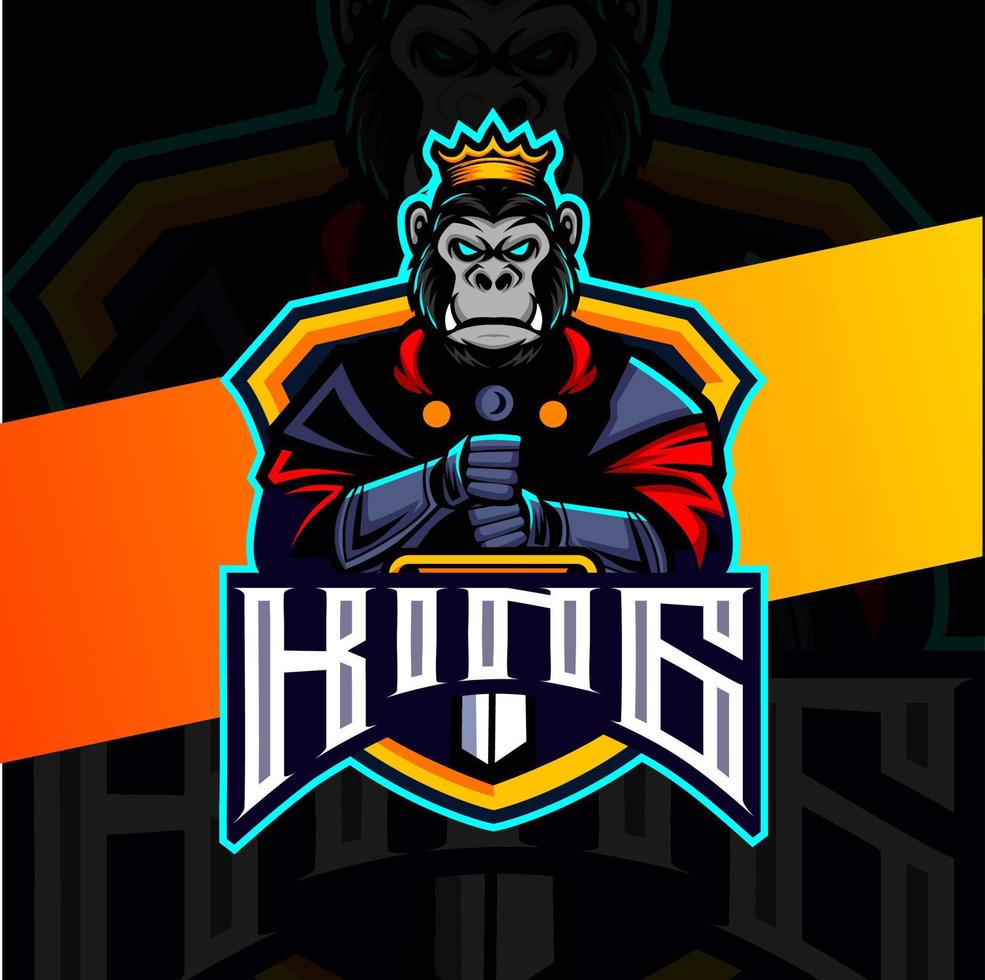 gorilla re cavaliere con spada portafortuna esport logo design personaggio vettore