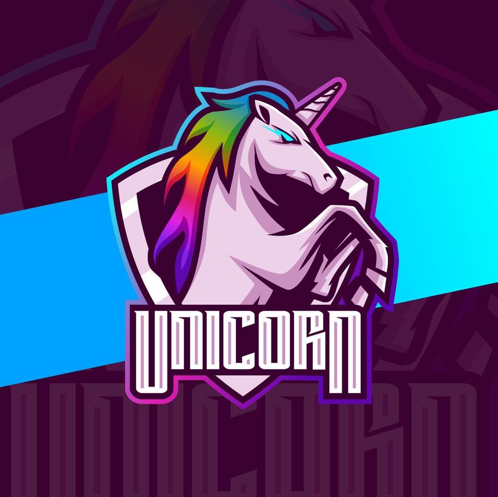 unicorno cavallo portafortuna esport logo design personaggio per gioco e sport logo vettore