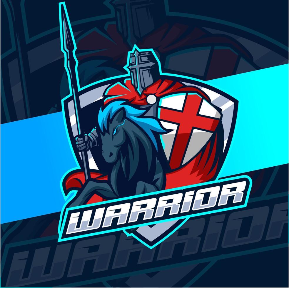 guerriero cavaliere con cavallo portafortuna esport per gioco e sport logo design vettore