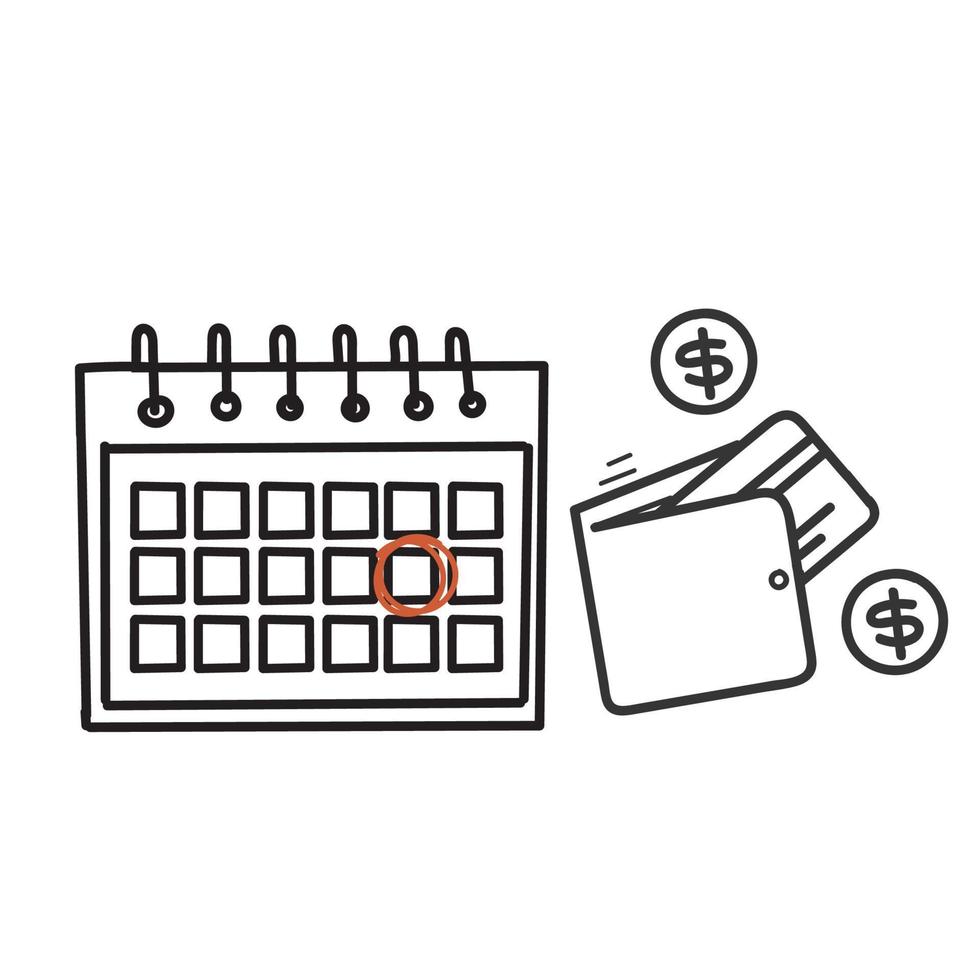 mano disegnato scarabocchio calendario con portafoglio e moneta simbolo per pagamento pianta illustrazione vettore