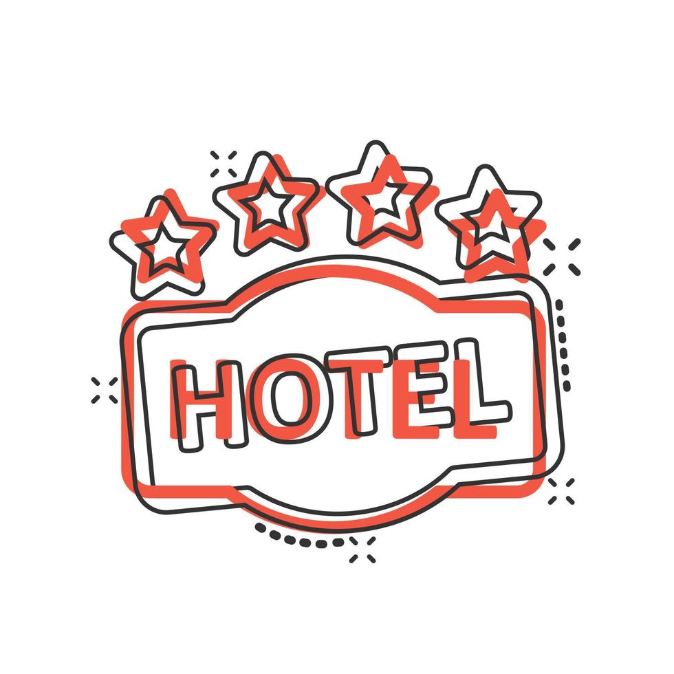 Hotel 4 stelle cartello icona nel comico stile. Locanda cartone animato vettore illustrazione su bianca isolato sfondo. ostello camera informazione spruzzo effetto attività commerciale concetto.