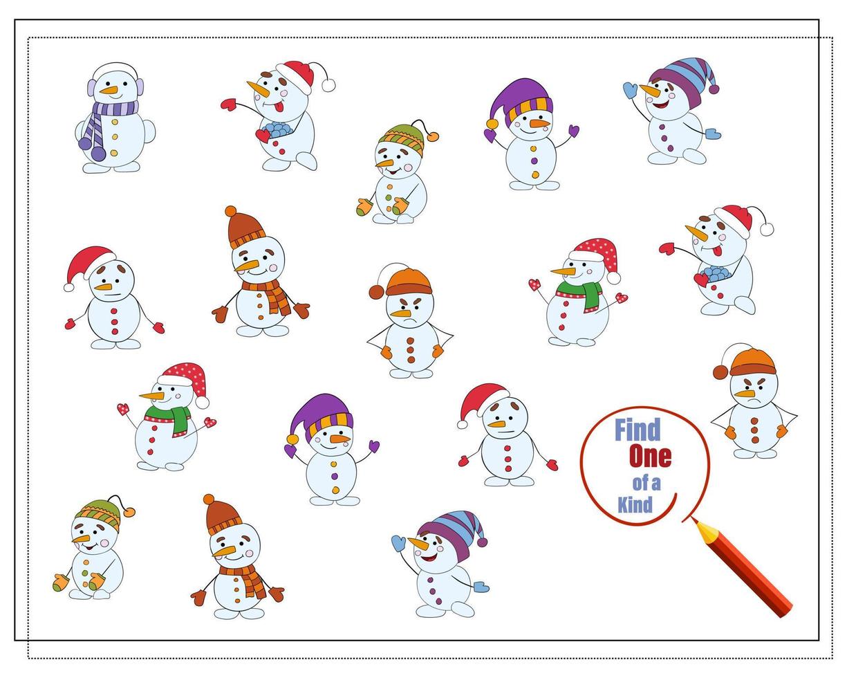 un' puzzle gioco per bambini, trova il uno di un' tipo. cartone animato pupazzo di neve. vettore