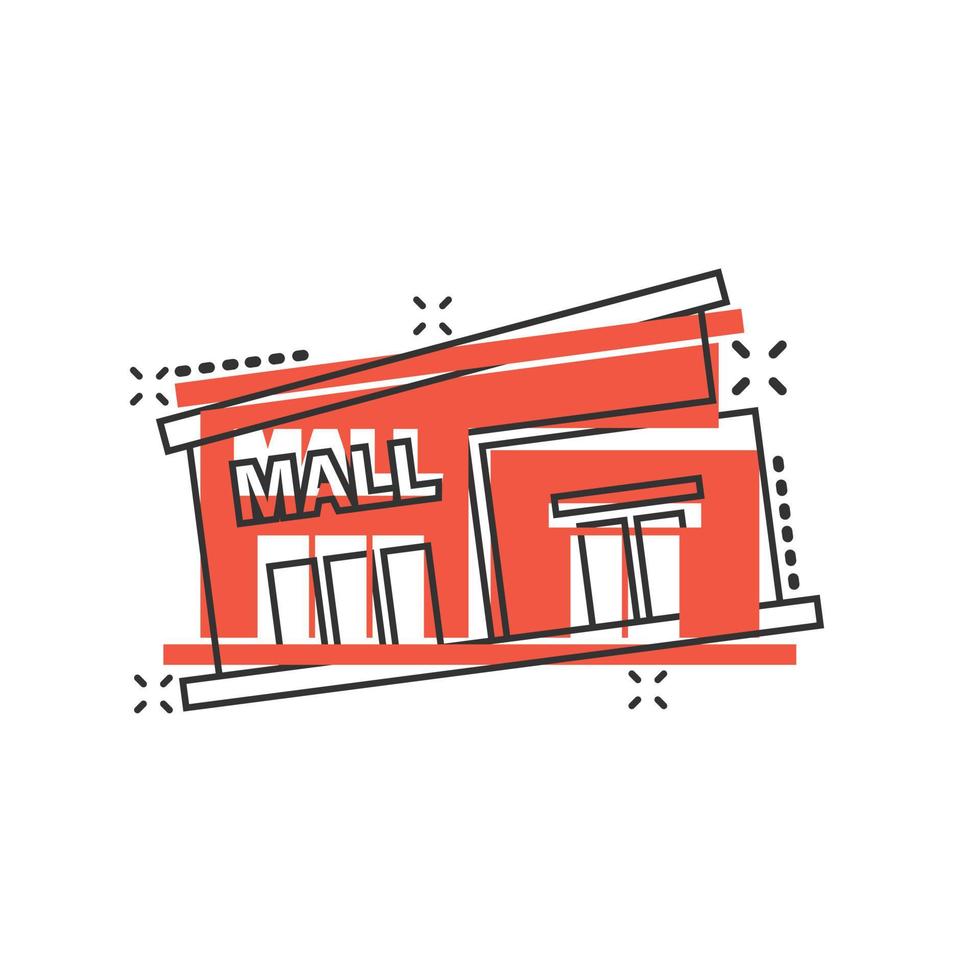 centro commerciale icona nel comico stile. memorizzare cartone animato vettore illustrazione su bianca isolato sfondo. negozio spruzzo effetto attività commerciale concetto.