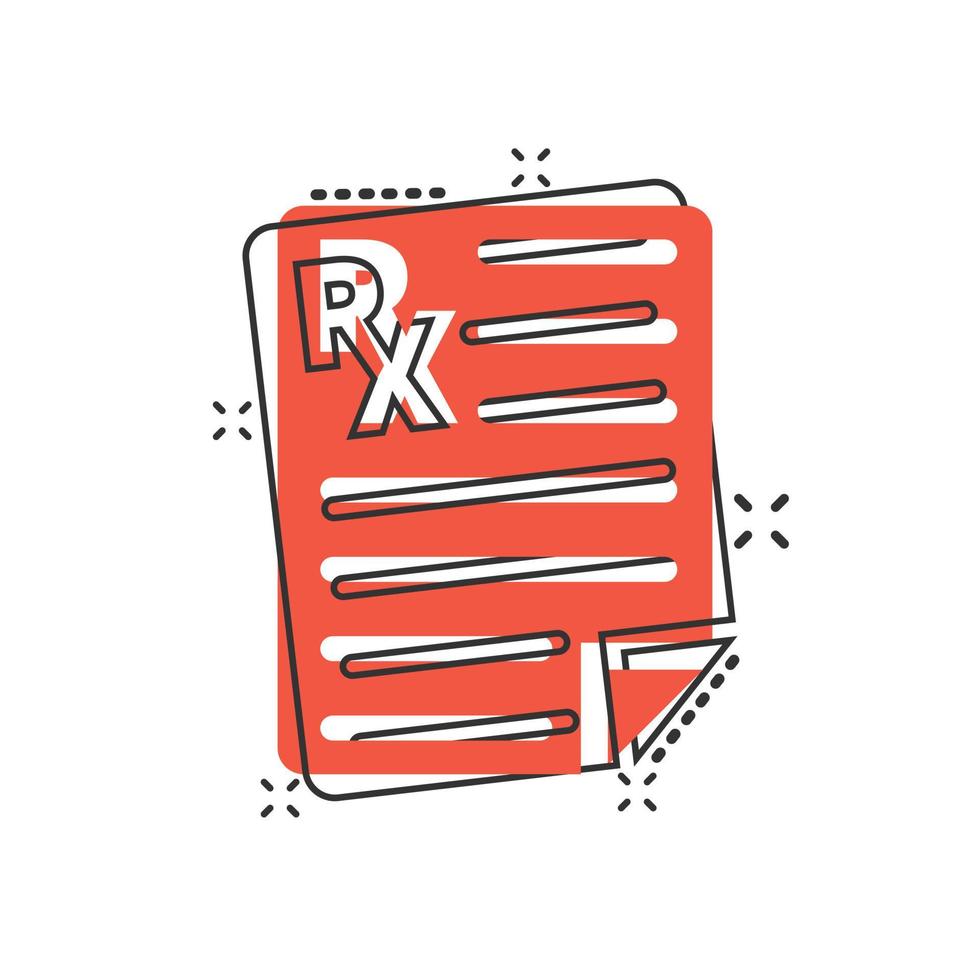 prescrizione icona nel comico stile. rx documento cartone animato vettore illustrazione su bianca isolato sfondo. carta spruzzo effetto attività commerciale concetto.