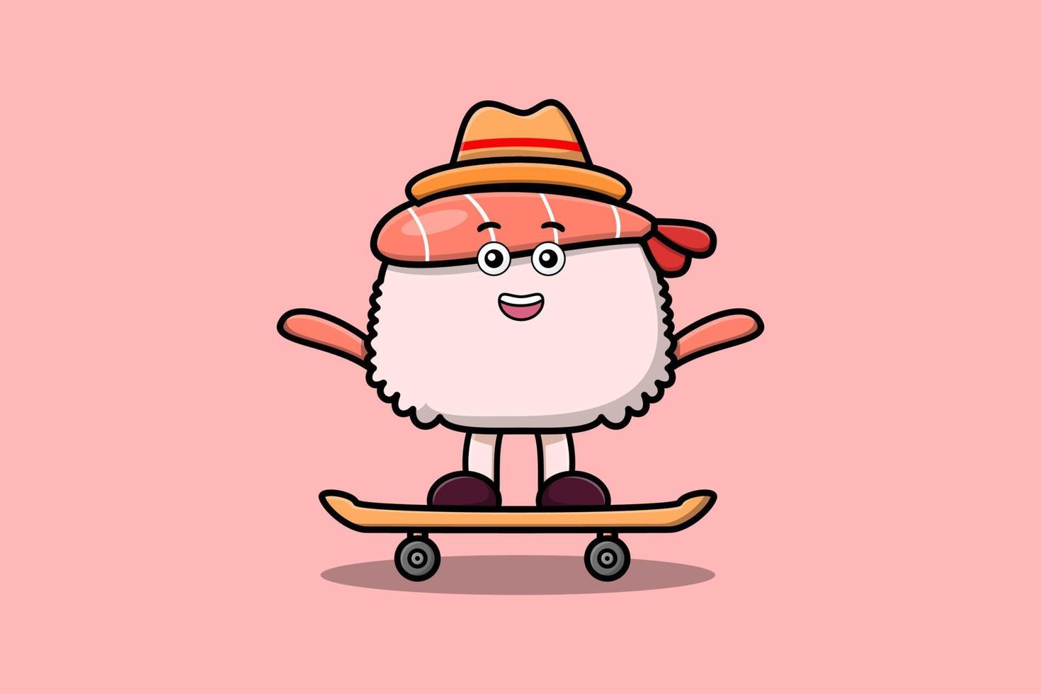 carino cartone animato Sushi gamberetto in piedi su skateboard vettore