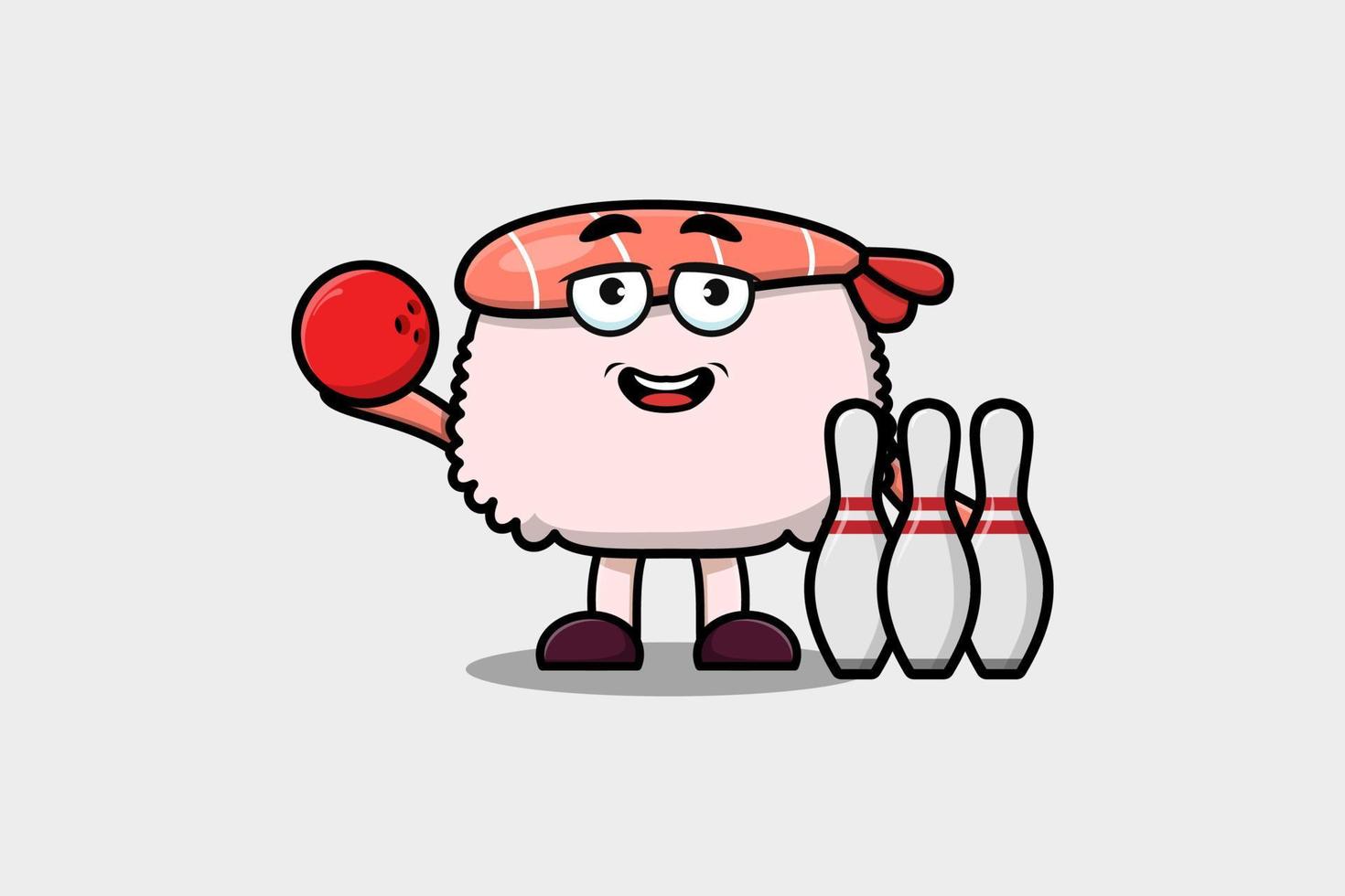 carino cartone animato Sushi gamberetto personaggio giocare bowling vettore