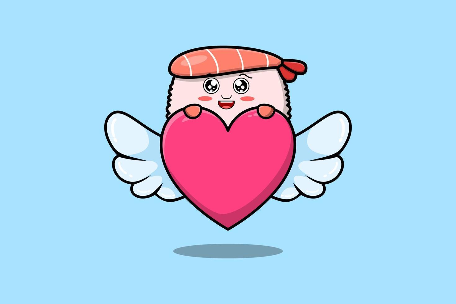 carino cartone animato Sushi gamberetto personaggio nascondiglio cuore vettore
