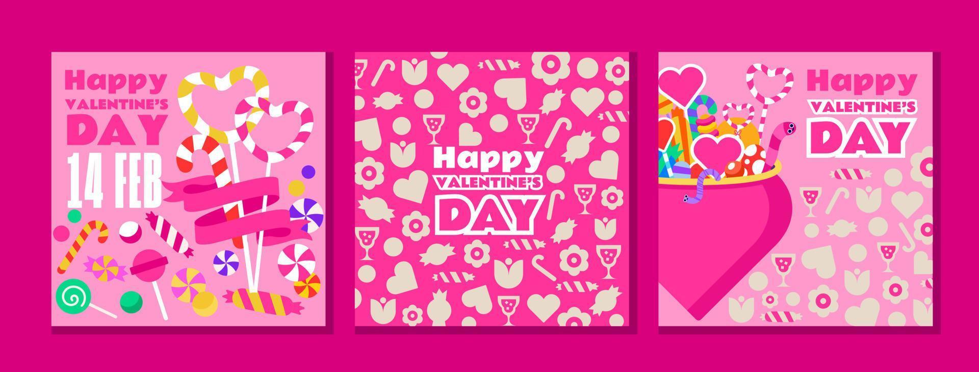 3 contento San Valentino giorno modelli. rosa colore, molte di cuori, caramelle e amore. il design è Perfetto per cartoline, saluti, inviti per un' festivo, romantico cena. vettore