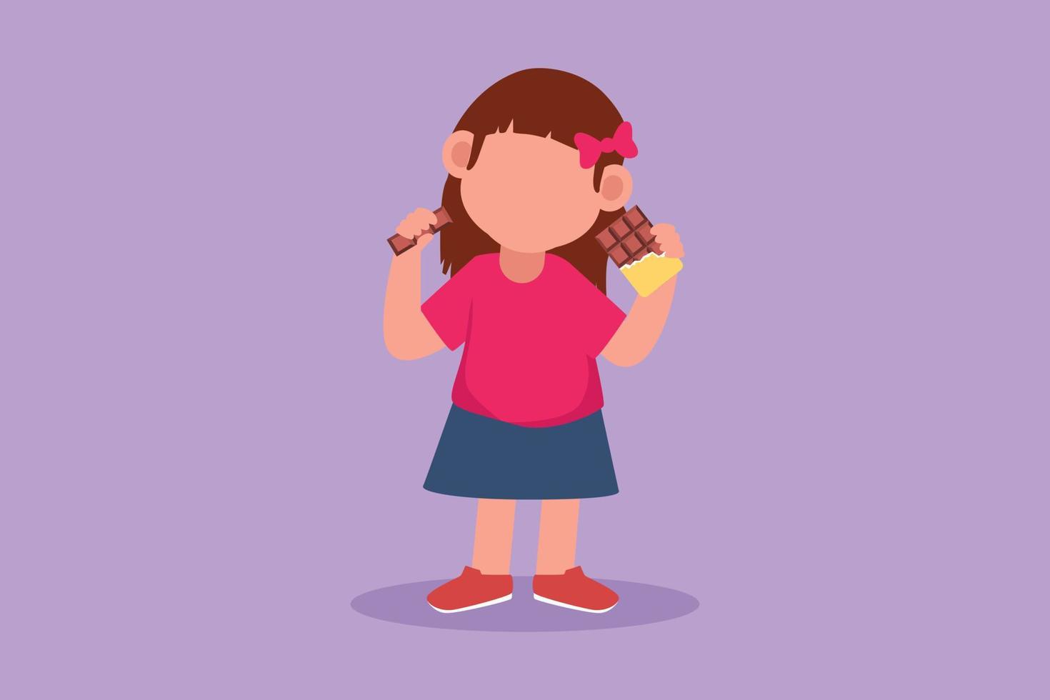 cartone animato piatto stile disegno di carino poco bambino mangiare cioccolato bar avvolto nel pacchetto. adorabile ragazza ragazzo godere dolce dolce merenda. preferito delizioso trattare per bambini. grafico design vettore illustrazione