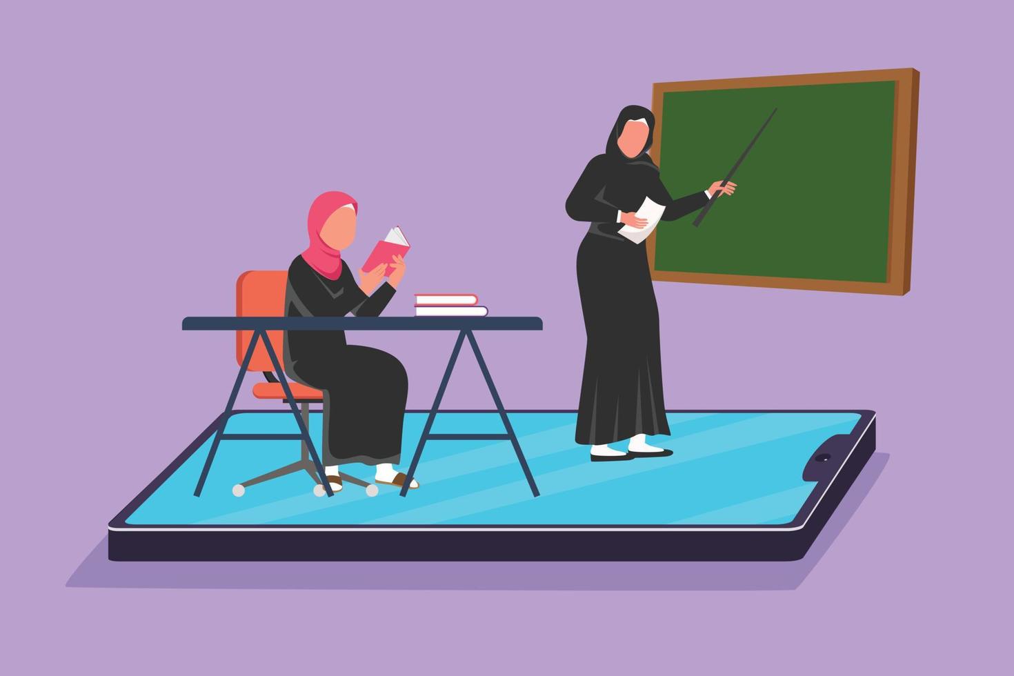 personaggio piatto disegno arabo femmina insegnante insegnamento carino poco ragazza junior alto scuola alunno chi seduta su sedia vicino scrivania e studi su smartphone schermo. cartone animato design vettore illustrazione