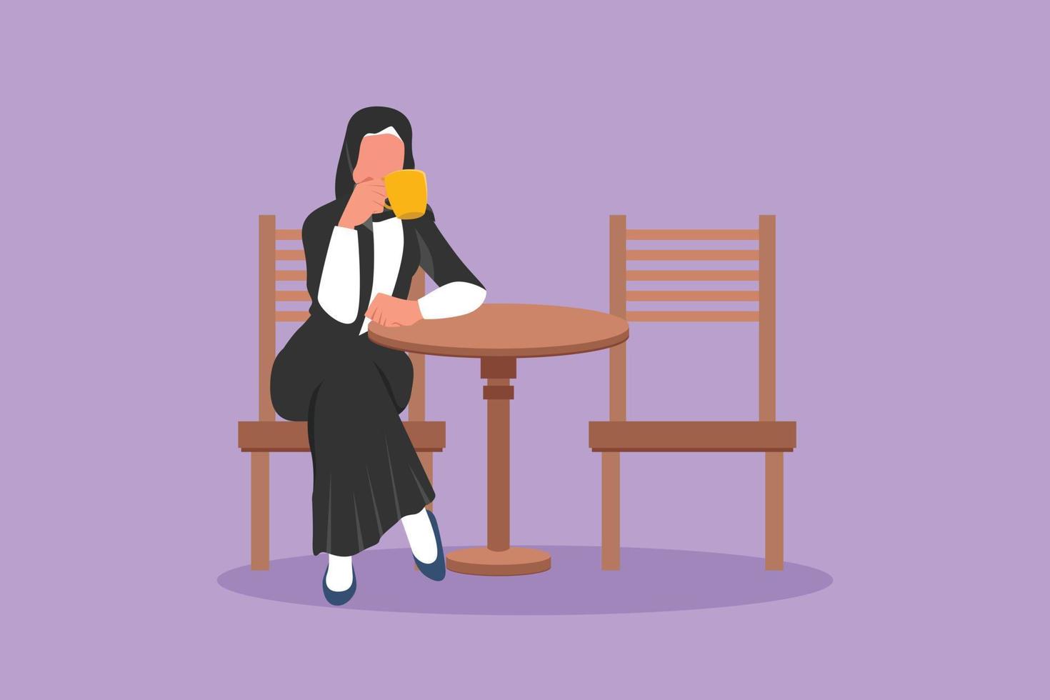 grafico piatto design disegno giovane arabo donna d'affari rilassante mentre seduta solo a tavolo e potabile caldo aromatizzato caffè a ristorante. prima colazione mattina quotidiano. cartone animato stile vettore illustrazione