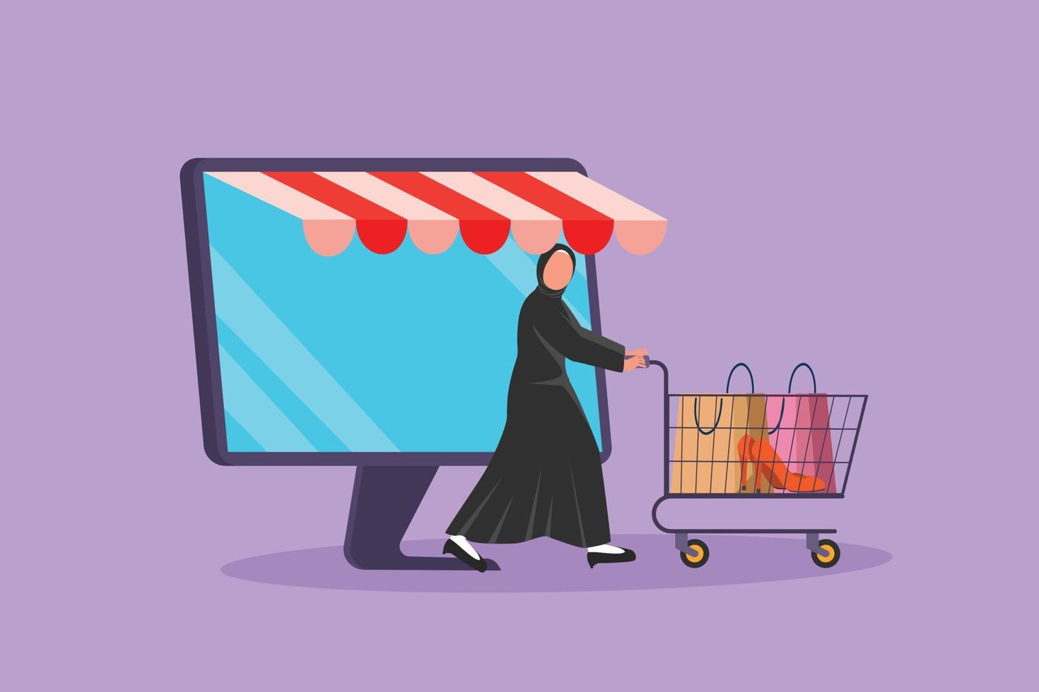 personaggio piatto disegno arabo donna In arrivo su di tenere sotto controllo schermo spingendo shopping carrello. saldi, digitale stile di vita, consumismo concetto. in linea memorizzare App tecnologia. cartone animato design vettore illustrazione