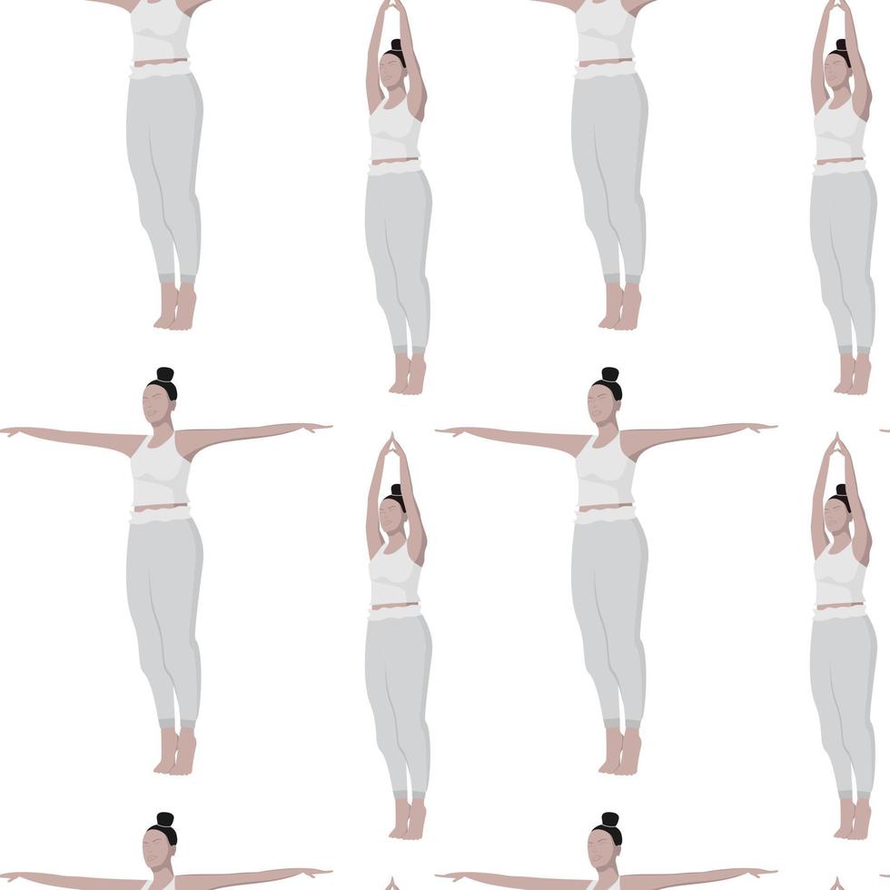 senza soluzione di continuità modello di un' donna fare yoga con sua braccia sollevato e nel diverso indicazioni. stile di vita vettore