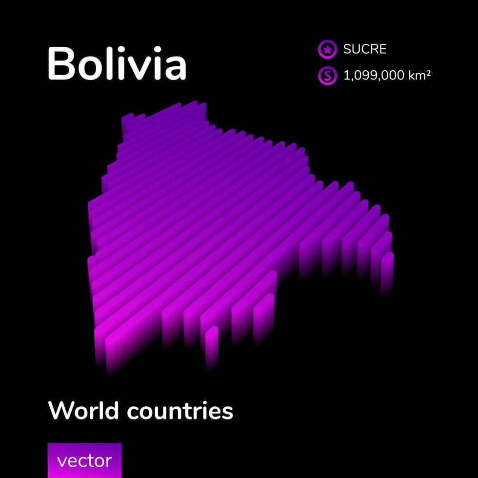 Bolivia 3d carta geografica. stilizzato a strisce digitale neon isometrico vettore carta geografica di Bolivia è nel viola colori su nero sfondo. educativo bandiera