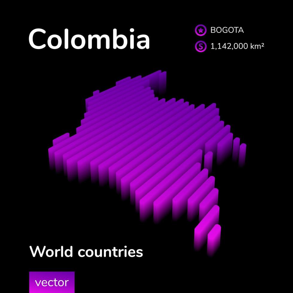 Colombia 3d carta geografica. stilizzato izometrico vettore 3d carta geografica nel neon viola colori su nero sfondo. geografia studia manifesto, Infografica elemento.