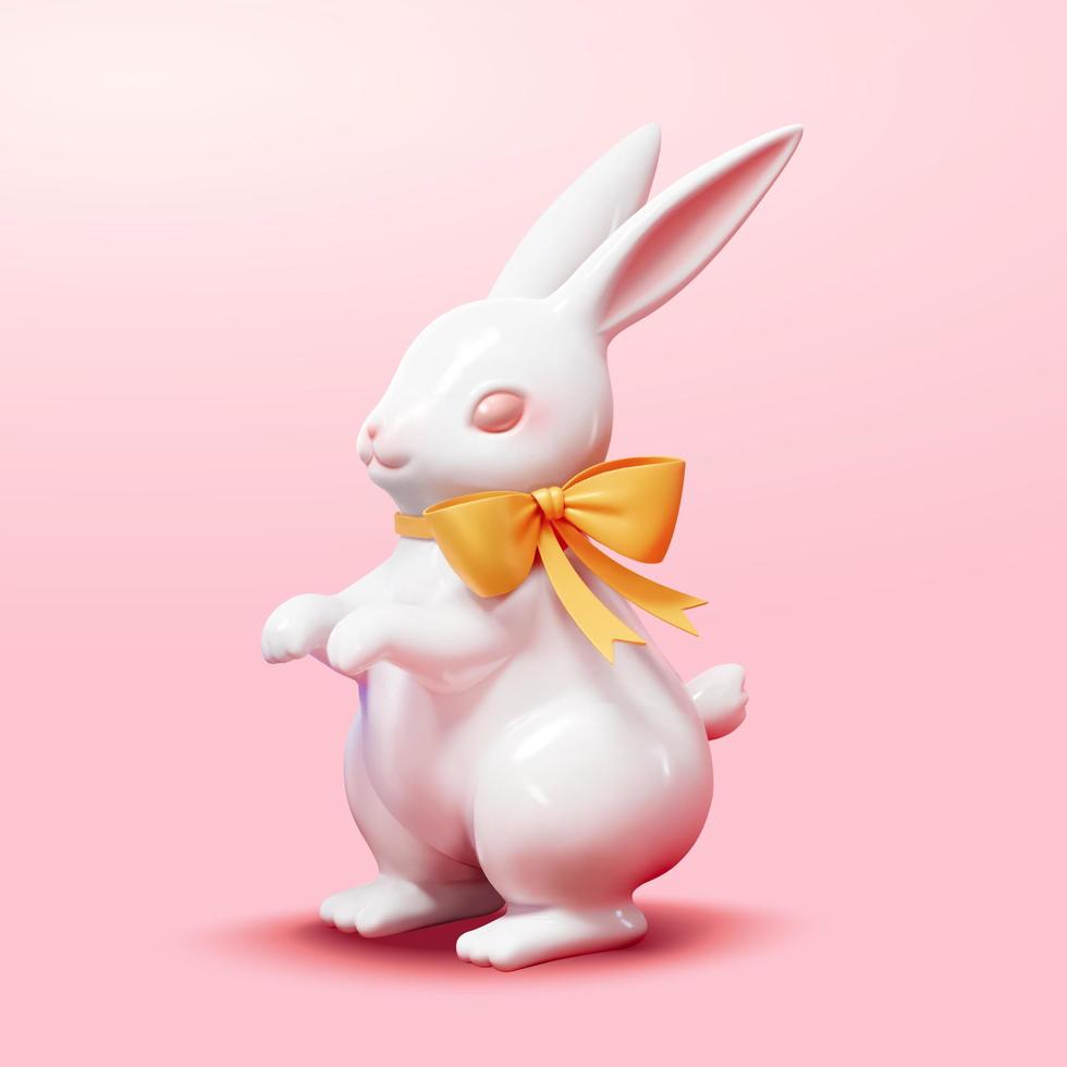 Pasqua bianca cioccolato coniglietto. 3d illustrazione di un' in piedi coniglio fatto di bianca cioccolato legato con un' giallo nastro arco su suo collo isolato su rosa sfondo vettore