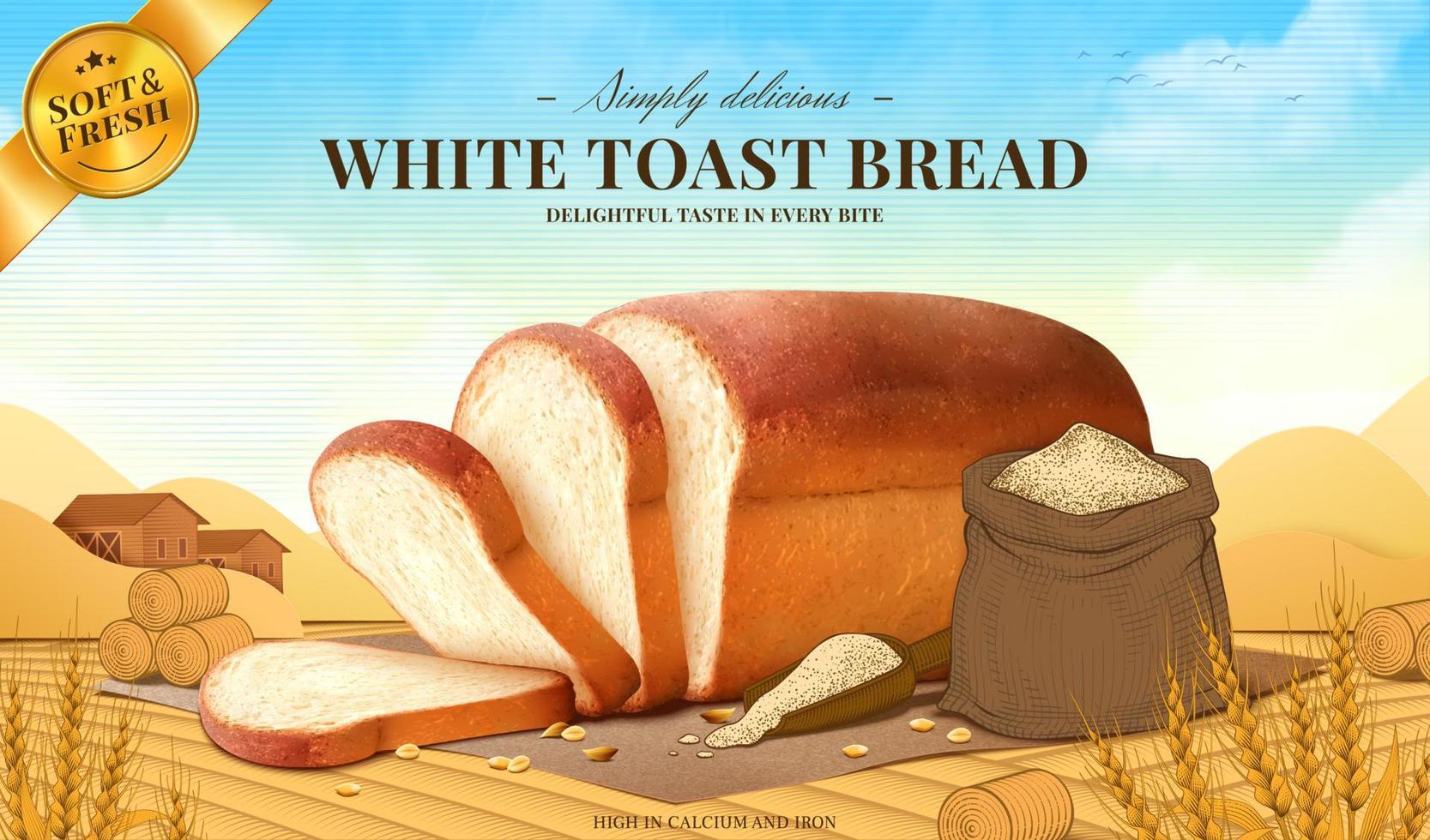 bianca crostini pane anno Domini. illustrazione di un' pagnotta di 3d bianca pane fatto di Grano Farina su inciso Grano campo sfondo vettore
