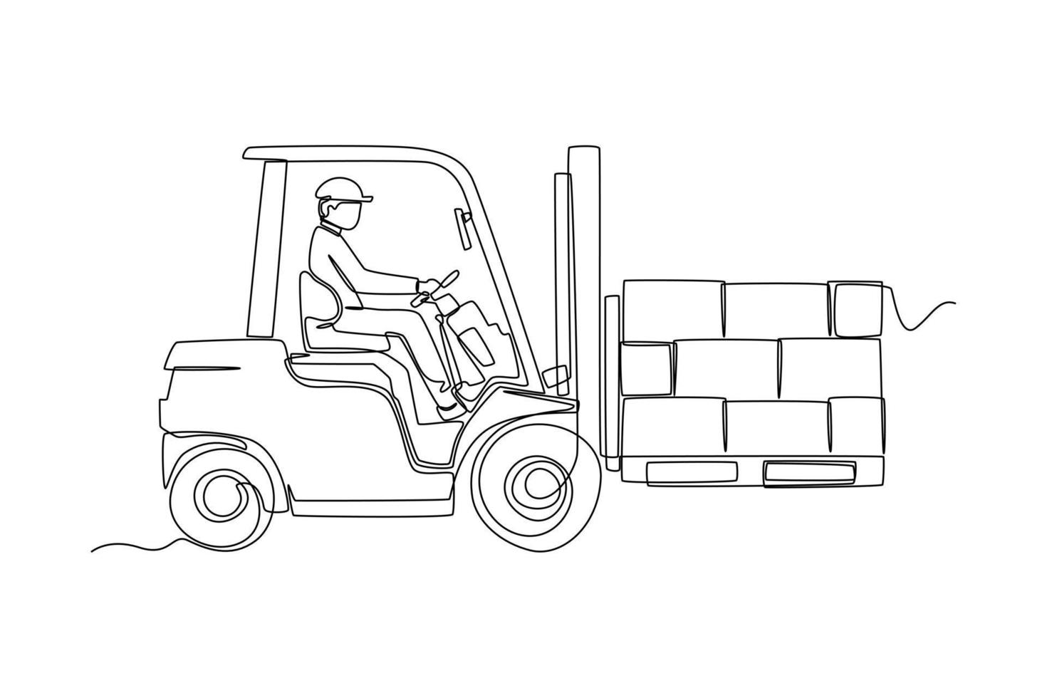 continuo uno linea disegno uomo guida carrello elevatore a forca camion per in movimento scatole. carico concetto. singolo linea disegnare design vettore grafico illustrazione.