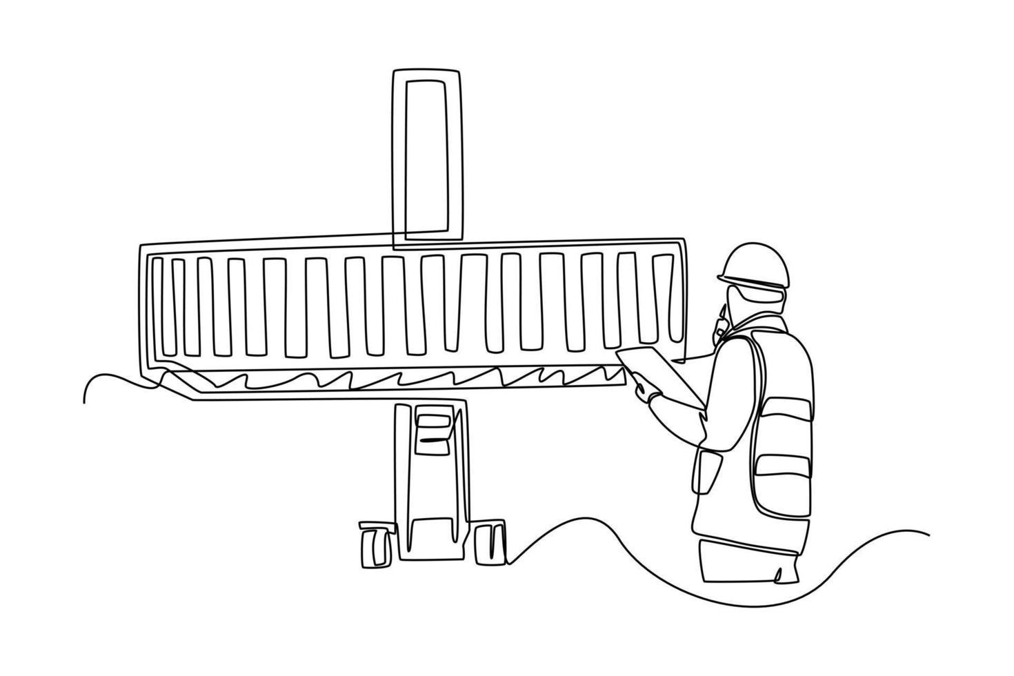 continuo uno linea disegno uomo con sicurezza casco e utilizzando walkie talkie controllo Caricamento in corso contenitori scatola a partire dal carico. carico concetto. singolo linea disegnare design vettore grafico illustrazione.