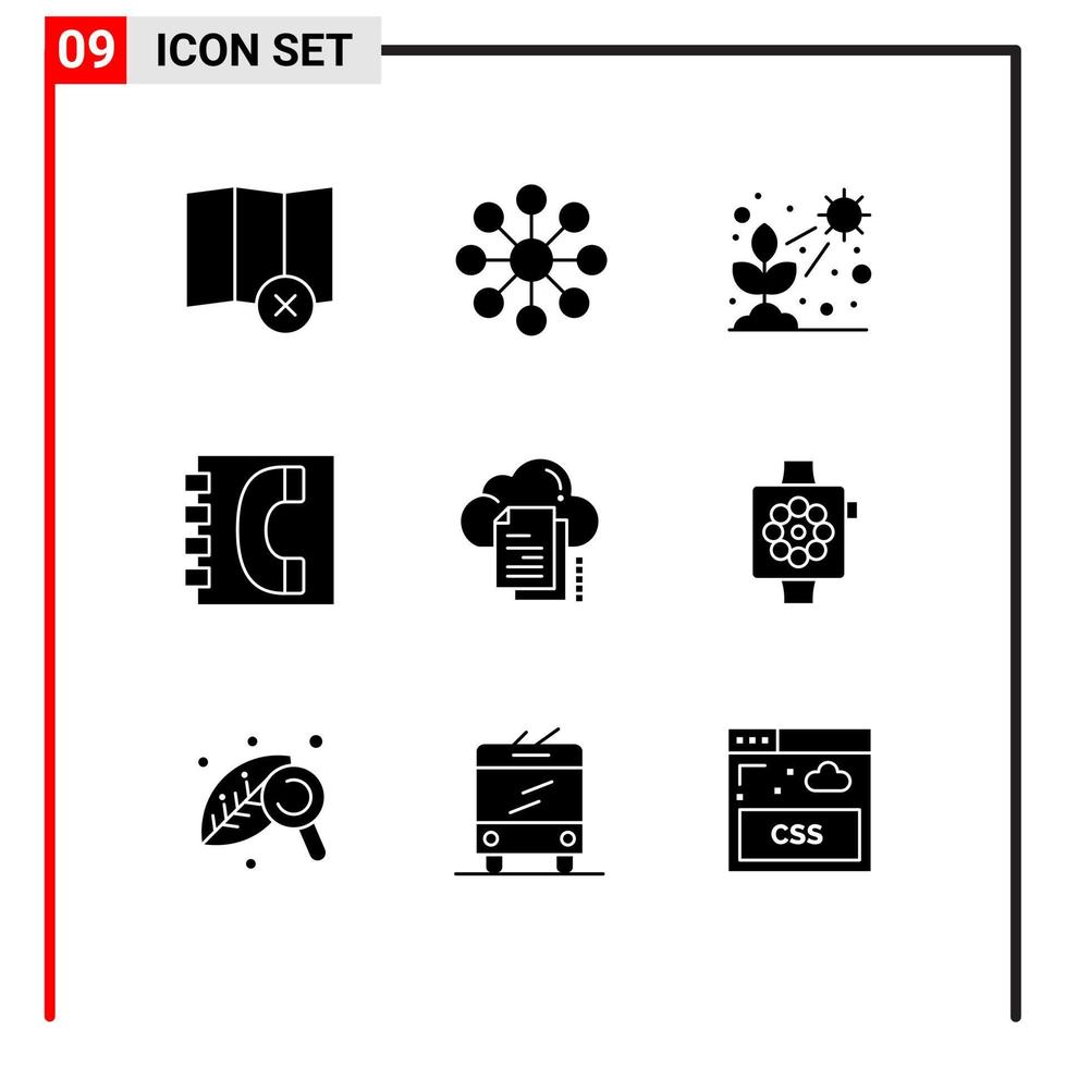 modificabile vettore linea imballare di 9 semplice solido glifi di File informazione leggero contatti comunicazione modificabile vettore design elementi