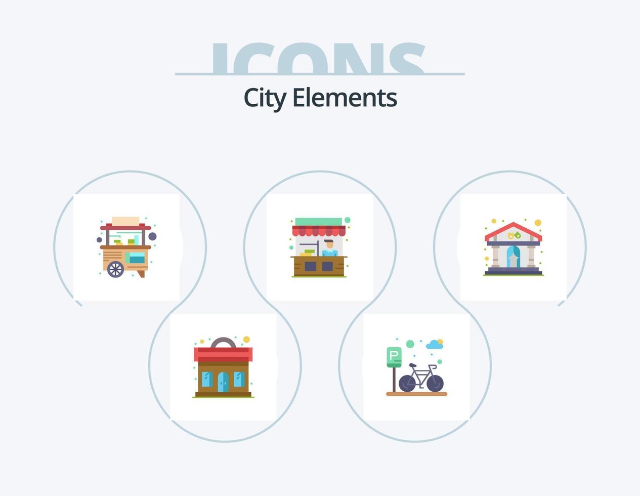 città elementi piatto icona imballare 5 icona design. mostrare. strada. cibo. In piedi. cibo vettore