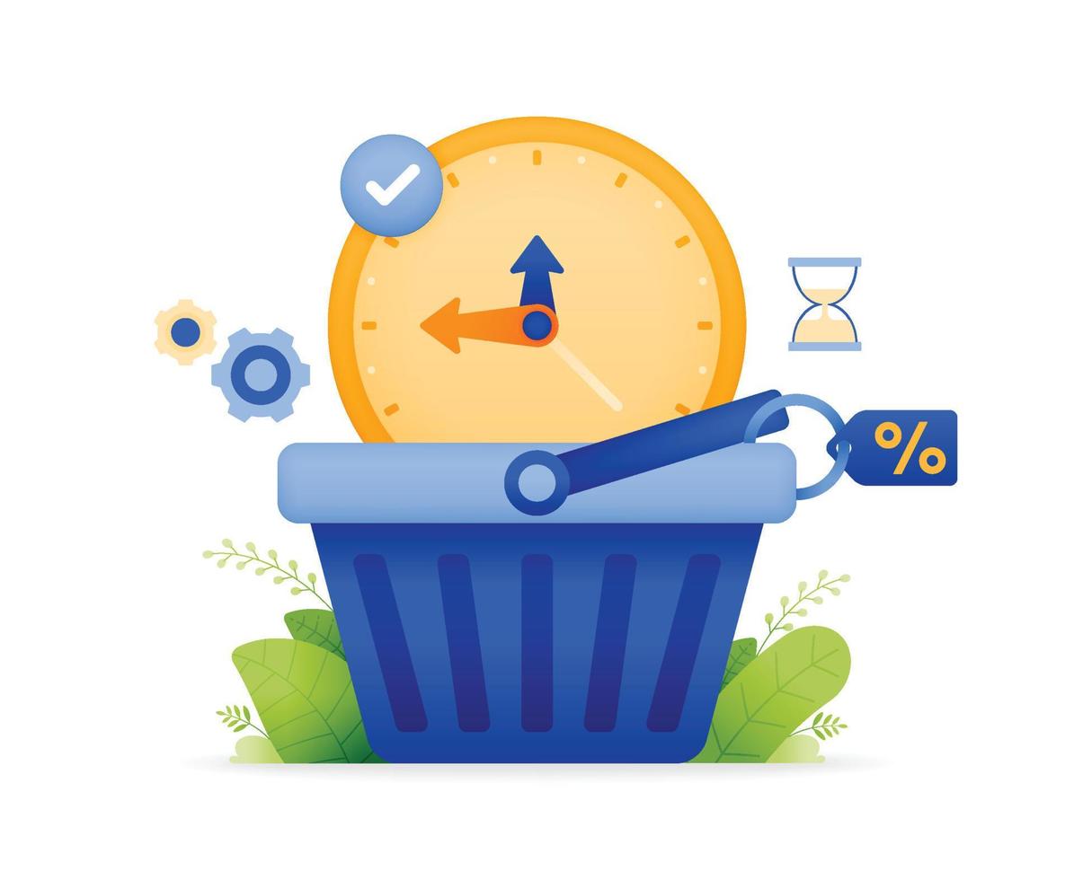 design illustrazione di shopping tempo e sconto. orologio quello appare a partire dal il shopping carrello per mostrare il tempo di migliore offerta. può essere Usato per ragnatela, sito web, manifesti, app, opuscoli vettore